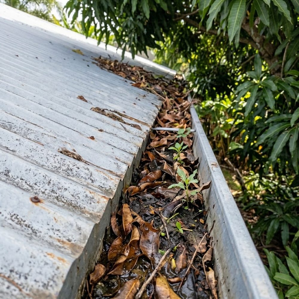 Gutter blocked with leaves and small weeds