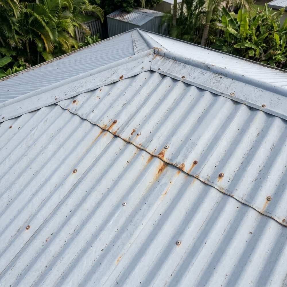 Close-up of surface rust around roofing screws on a metal roof